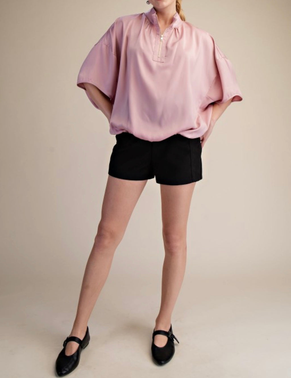 Elbow Sleeve Half Zip Satin Top in Pink