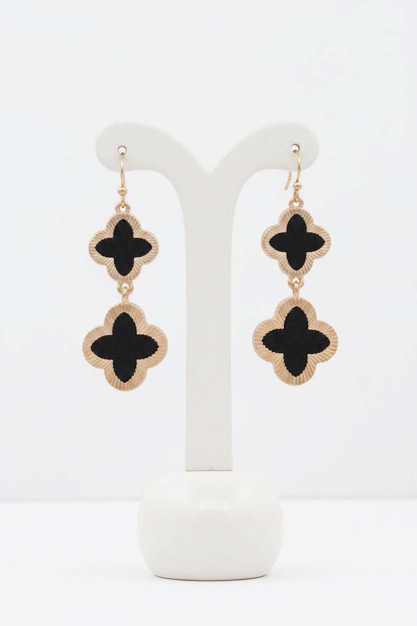 Double Clover Drop Earrings | Black & Gold