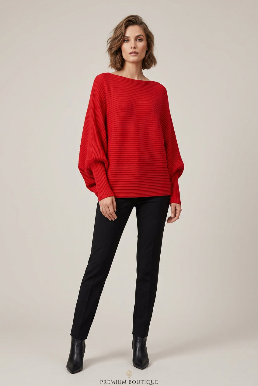 Red Ribbed Dolman Sleeve Sweater