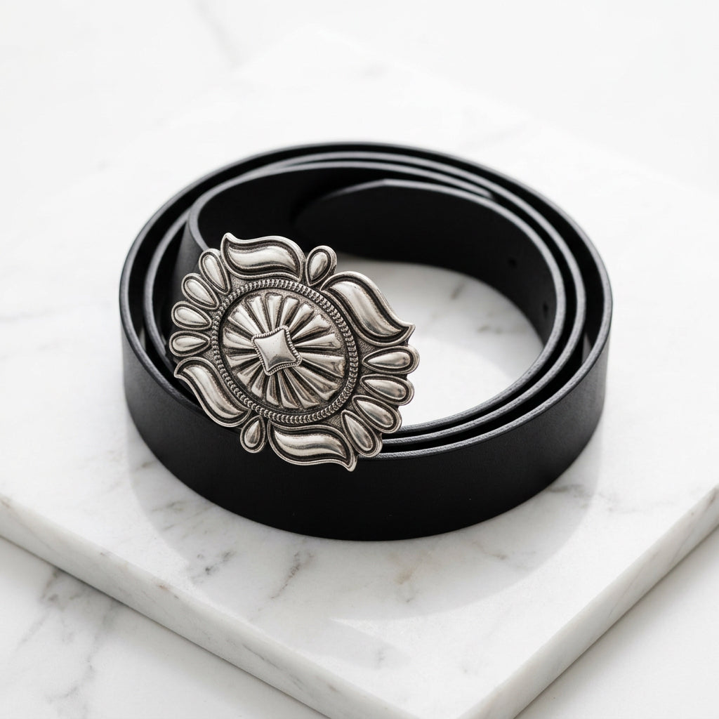 Black Western Belt with Silver-Tone Floral Buckle