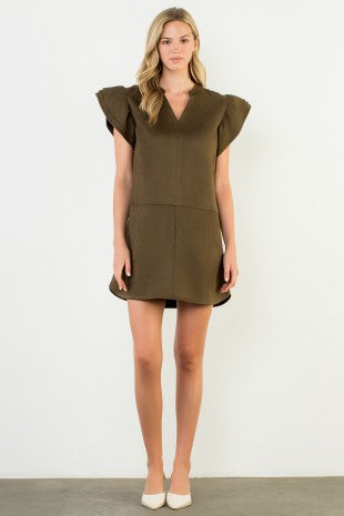 Flutter Sleeve Suede Mini Dress in Olive