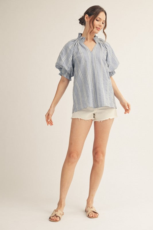 Ruffle Detail Stripe Top - Blue