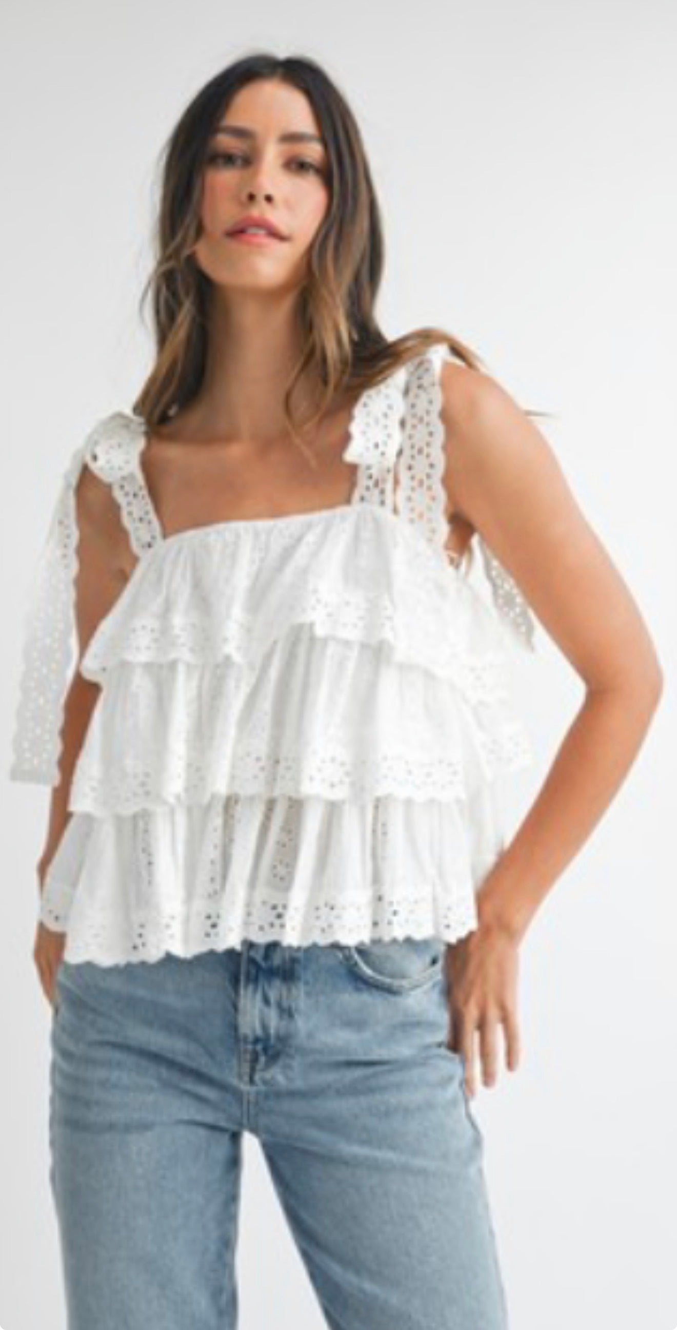 White Lace Embroidered Tiered Top