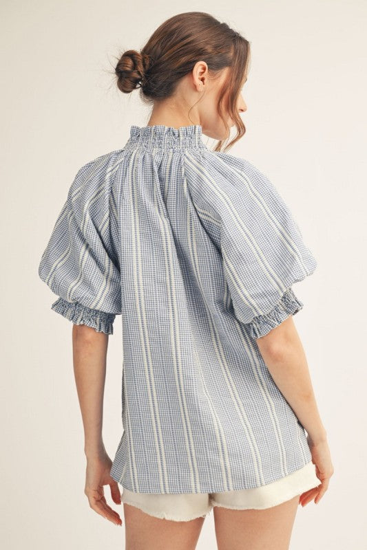 Ruffle Detail Stripe Top - Blue