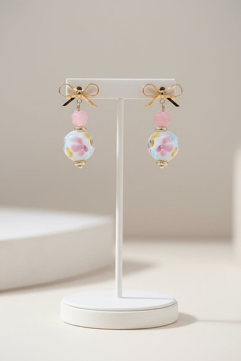 Bow Tie Glass Bead Dangle Earrings – Pink