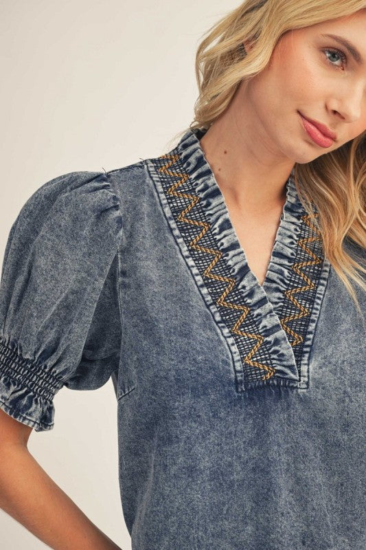 Embroidered Smocked V-Neck Denim Dress