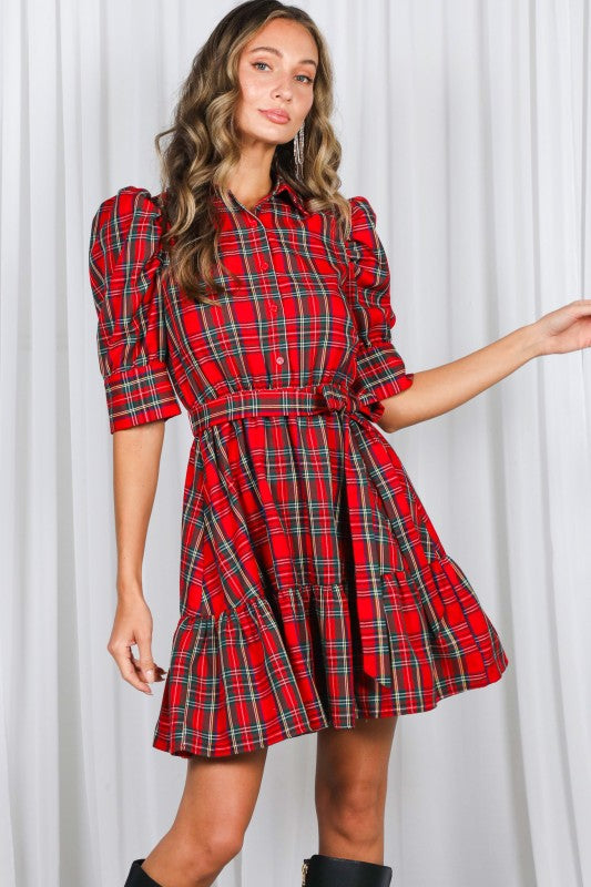 Red Plaid Puff Sleeve Tie-Waist Mini Dress