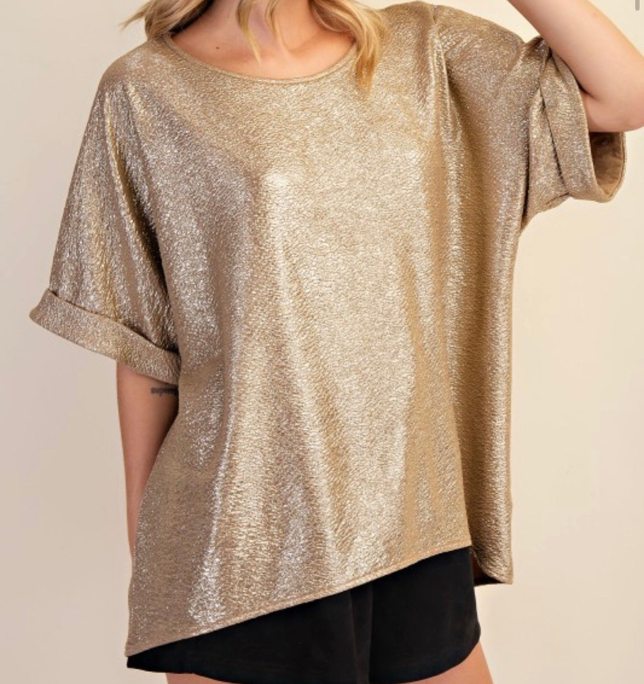 Round Neck Cuff Sleeve Top in Gold