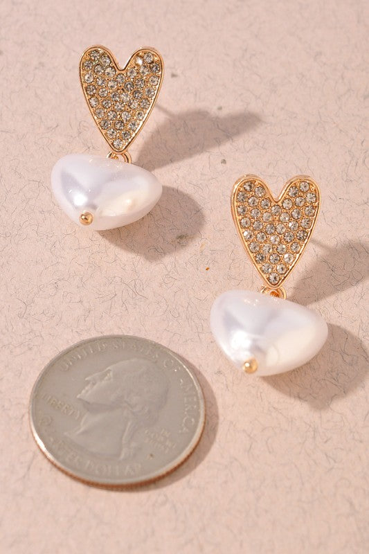 Pearl Rhinestone Heart Dangle Earrings