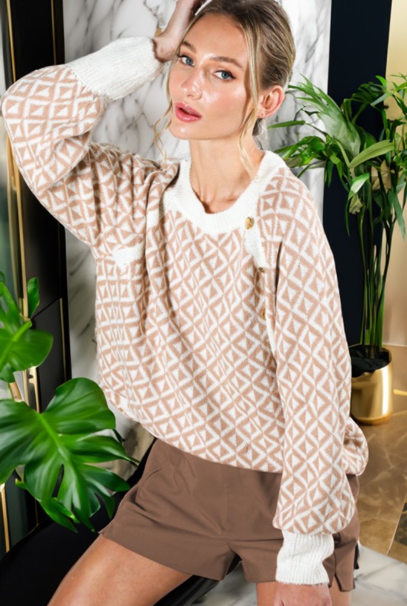 Taupe Button Detail Patterned Sweater
