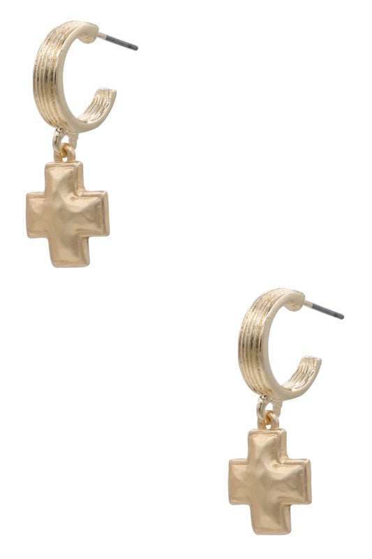 Gold Hoop & Cross Charm Earrings