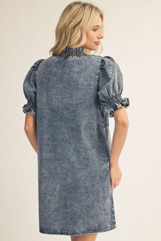 Embroidered Smocked V-Neck Denim Dress