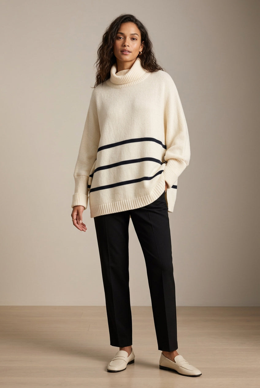Cream & Black Striped Turtleneck Sweater