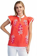 Floral Embroidered V-Neck Top in Tomato