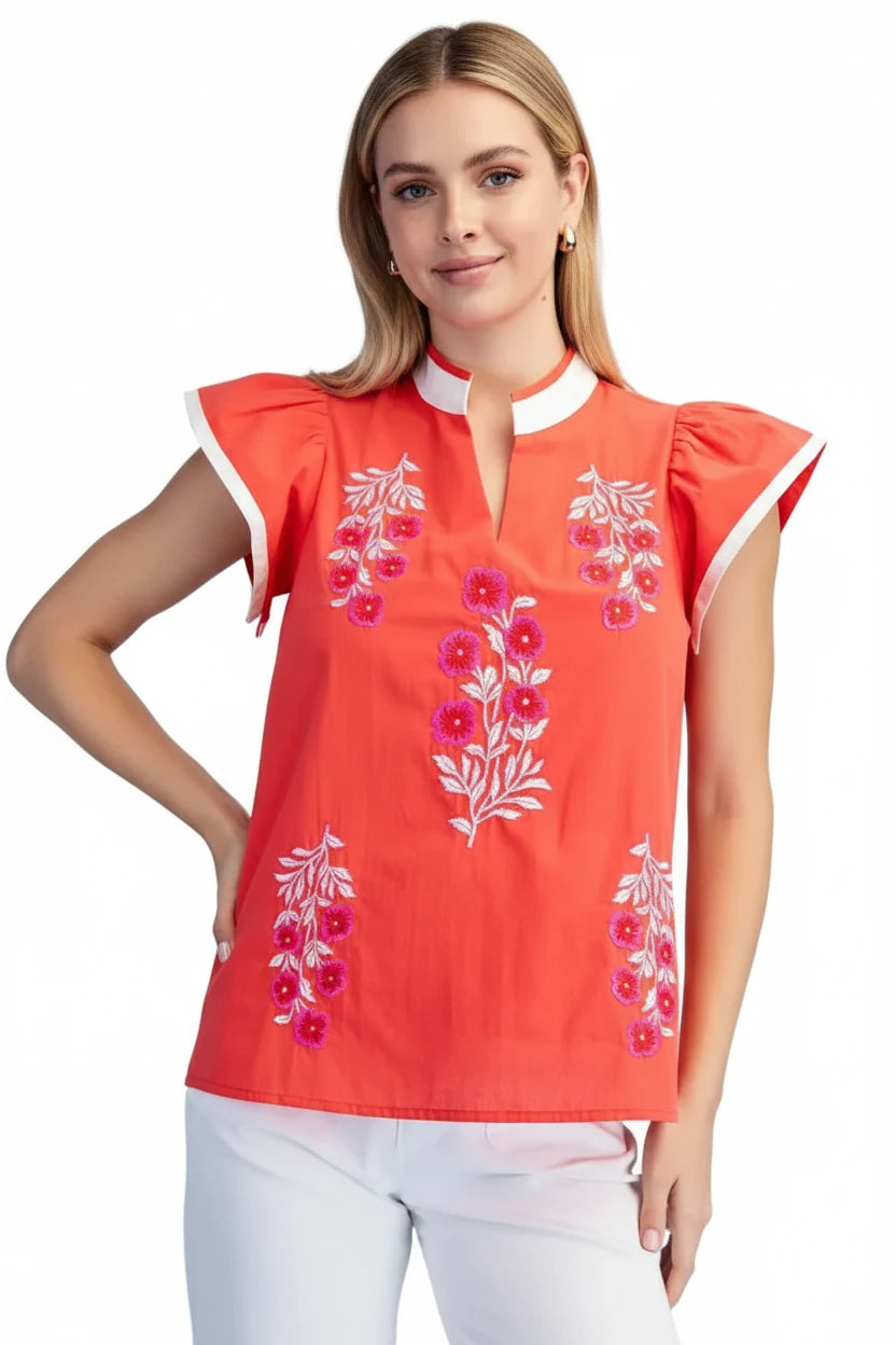 Floral Embroidered V-Neck Top in Tomato