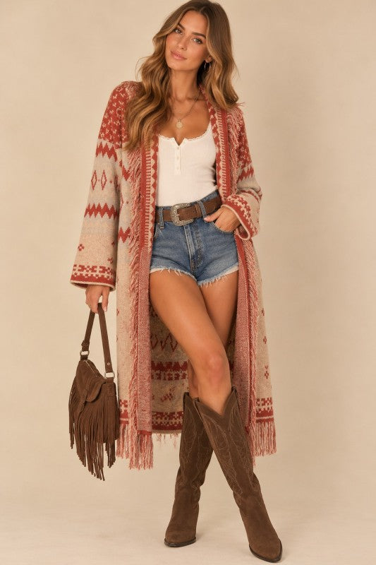 Southwestern Fringe Cardigan Sweater