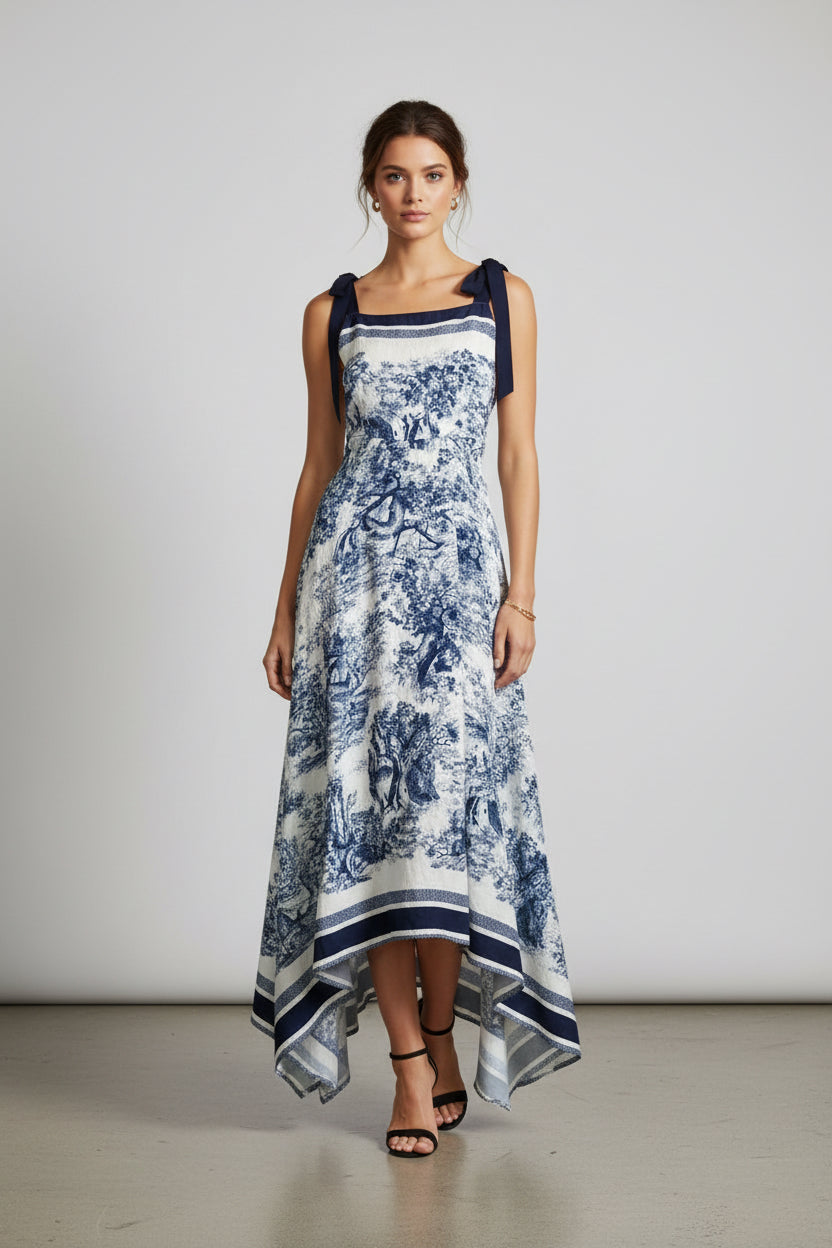 Navy Toile Tie Strap Maxi Dress