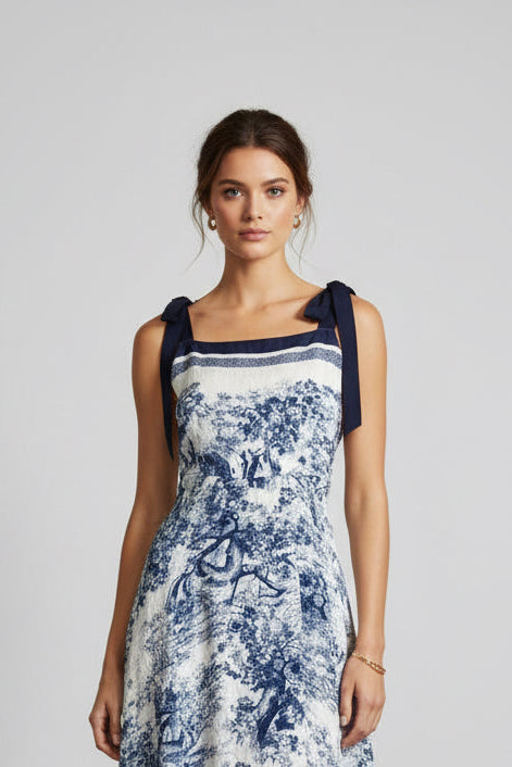 Navy Toile Tie Strap Maxi Dress