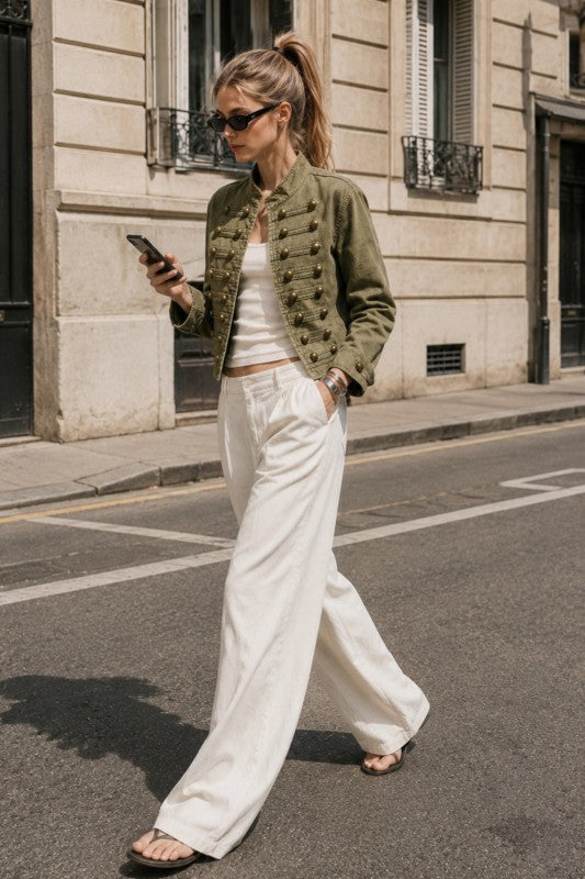 Washed Olive Military-Inspired Hook & Eye Jacket