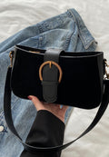 Circle Buckle Suede Square Purse in Black