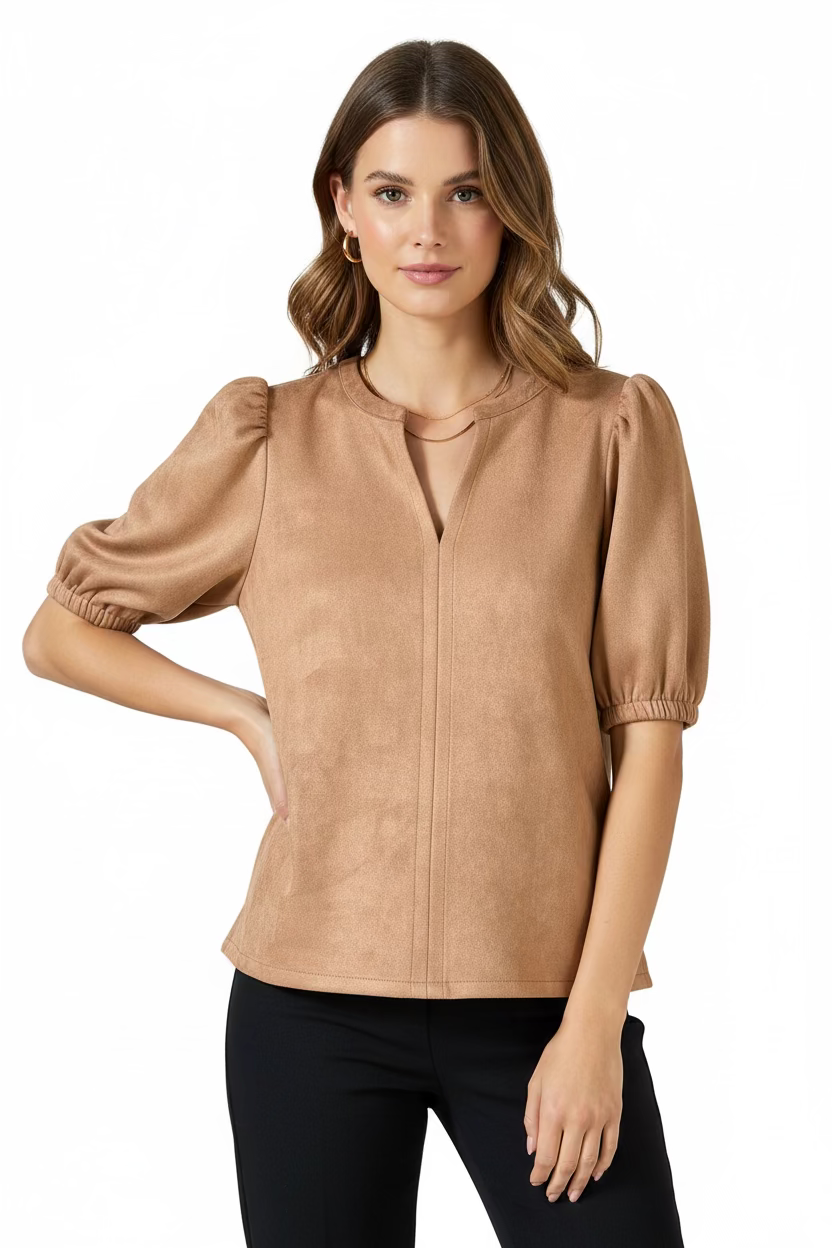 Suede Puff Sleeve Top | Camel Brown