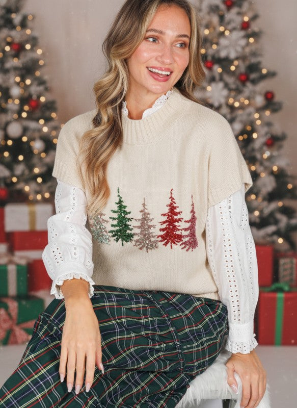 Cream Sequin Christmas Tree Sweater Vest