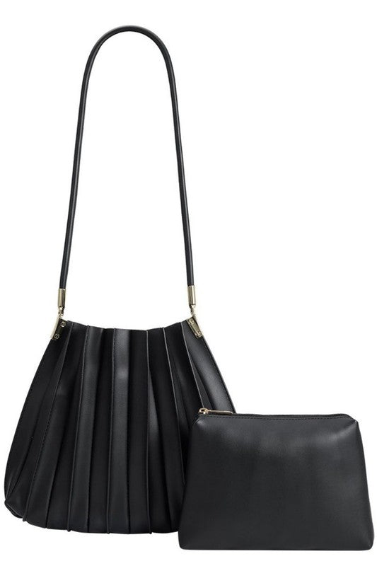 Black Pleated Shoulder Bag with Matching Pouch