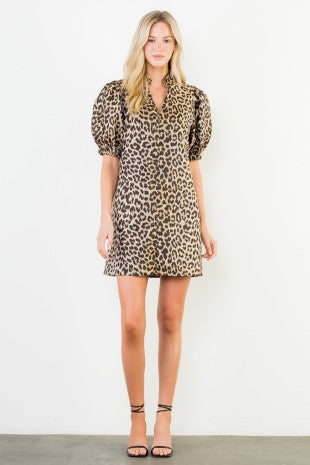 Leopard Puff Sleeve V-Neck Shift Dress