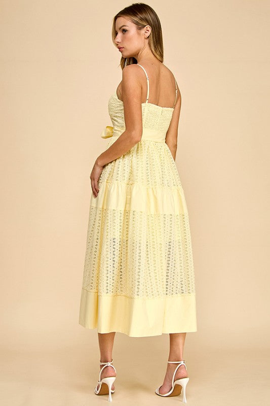 Lemon Yellow Eyelet Midi Dress
