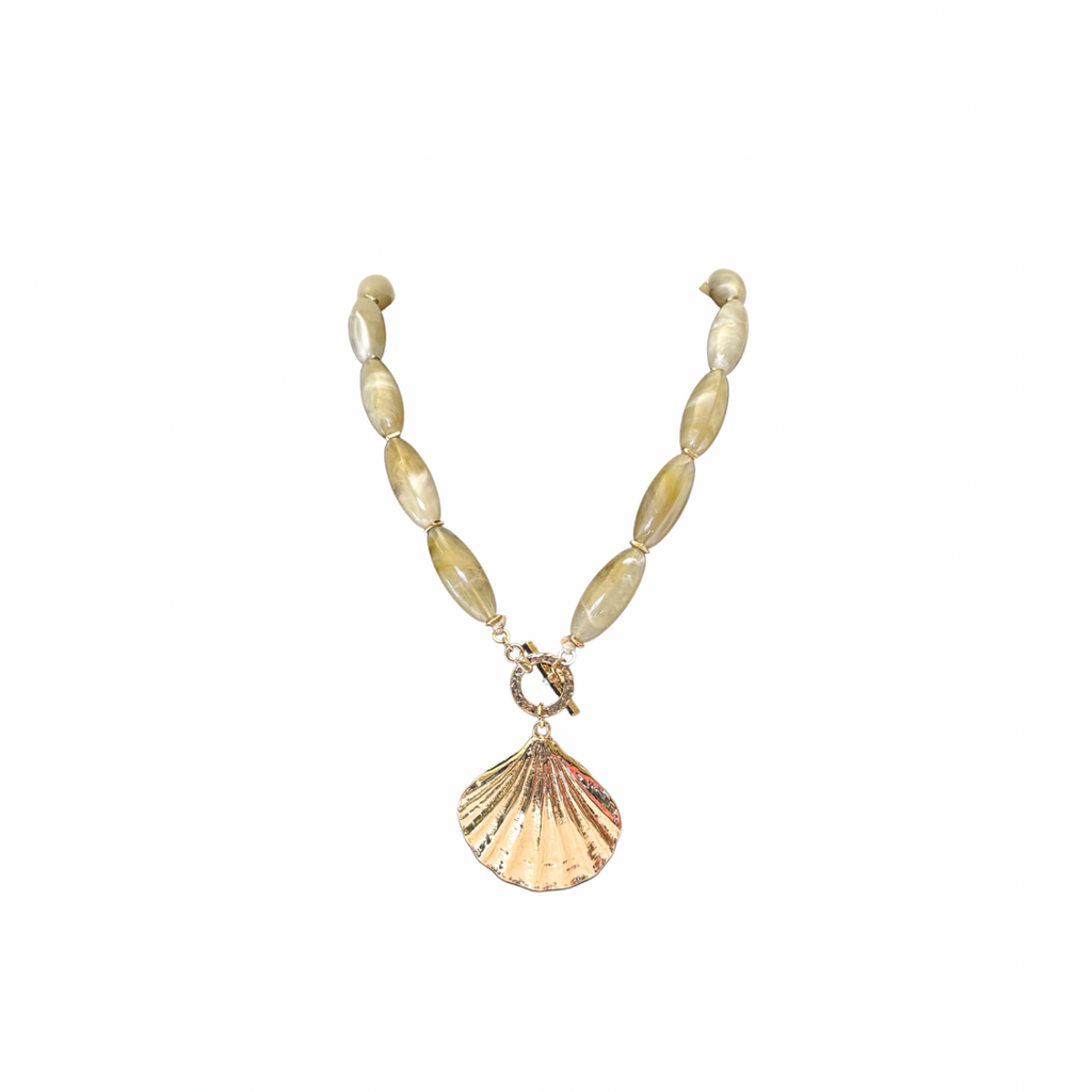 Beaded Acrylic Stone & Metal Shell Charm Necklace