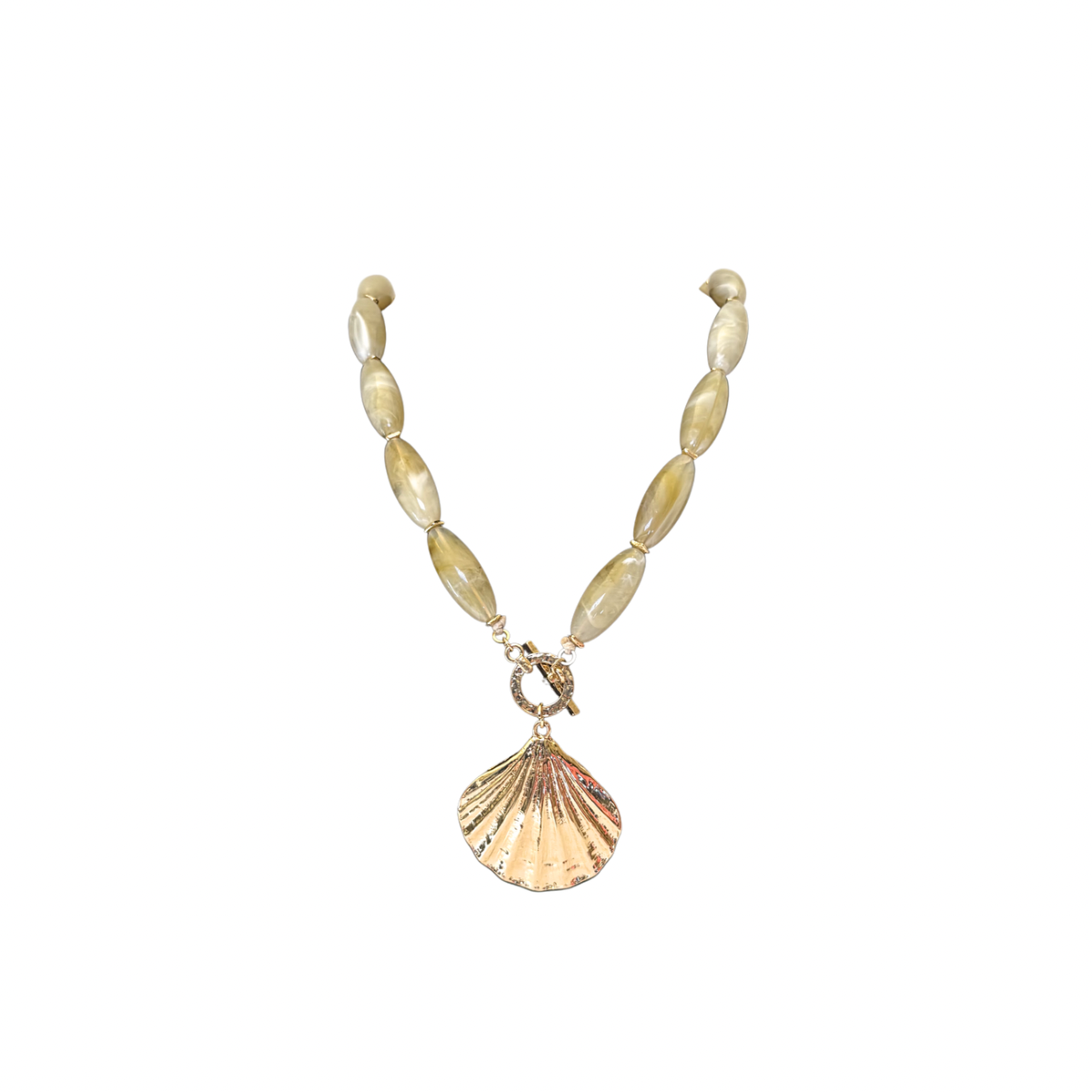 Beaded Acrylic Stone & Metal Shell Charm Necklace