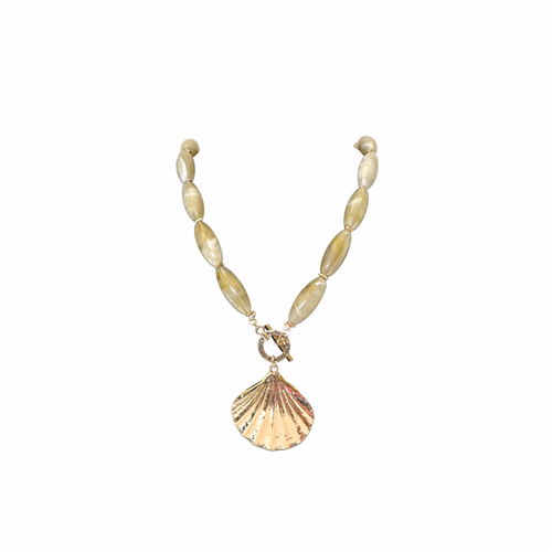 Beaded Acrylic Stone & Metal Shell Charm Necklace